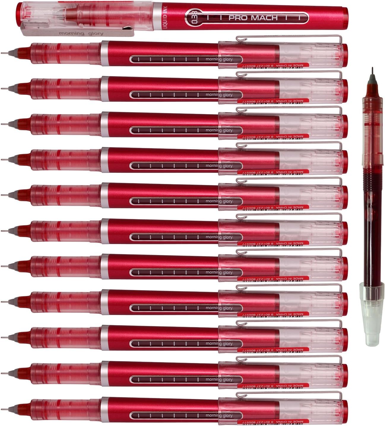 Morning Glory Pro Mach Roller Ball Pen - 0.38 mm-Fine Point Tip (Pack of 12 Pens) 1 Refill (Red)