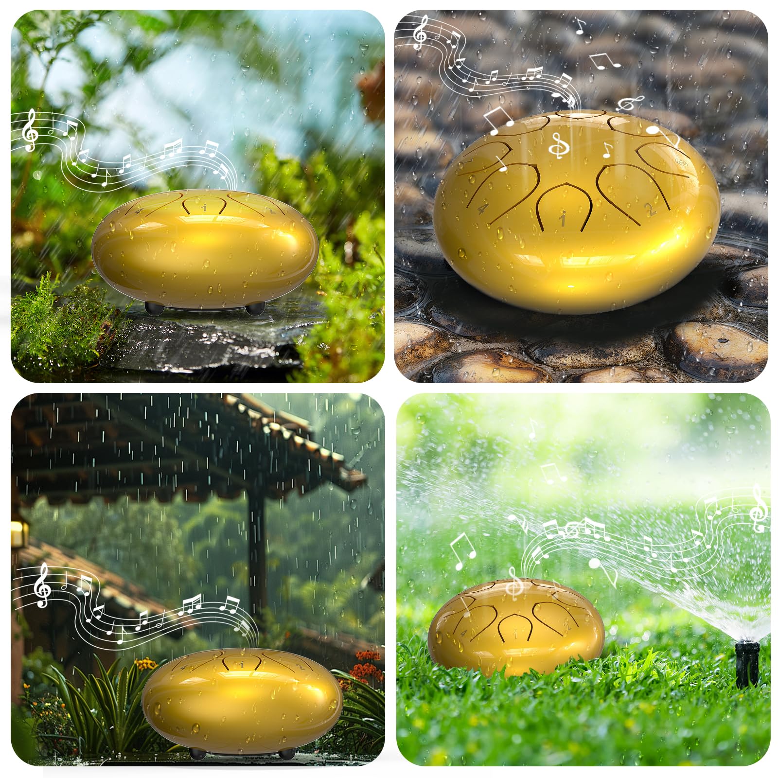 Rain Drum for Outside Garden, 6 Inches 8 Notes Steel Tongue Drums, Waterproof Meditation Rain Chime, Musical Instruments for Adult Gift with Bag, Music Book, Mallets (Gold) 4
