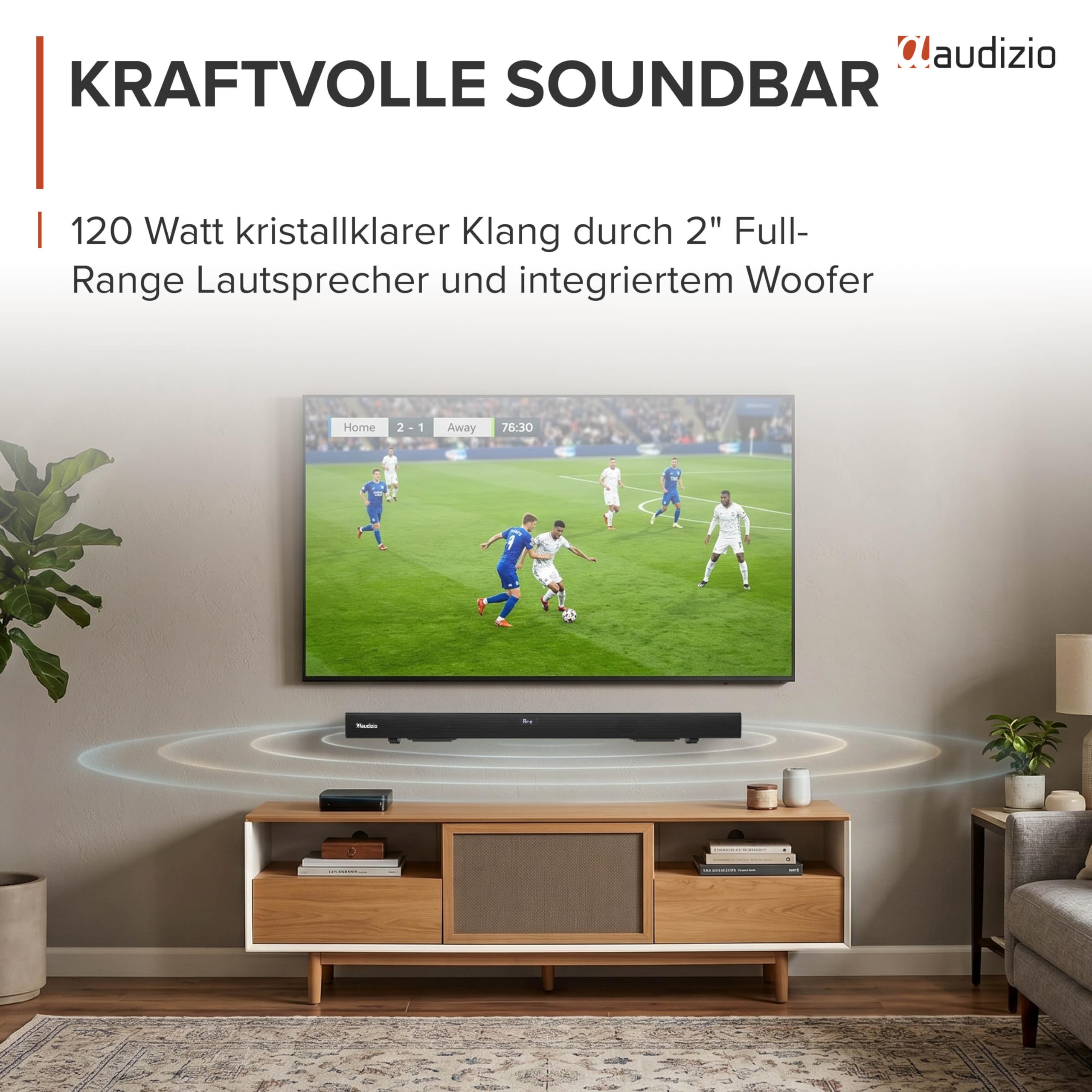 Audizio SB95 Soundbar für TV Geräte – Bluetooth 5.3, 120 Watt, HDMI ARC, Optisch, USB & AUX – Equalizer mit 3 Sound-Modi, TV Soundbar mit integriertem Subwoofer - Heimkino Soundsystem, 88cm - Schwarz