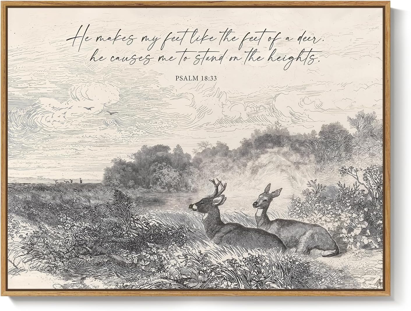 Framed Vintage Christian Canvas Wall Art, Neutral Landscape Scripture Print with Deer Artwork, Farmhouse Inspirational Decor for Living Room Bedroom Prayer Room, 12x16 Inch