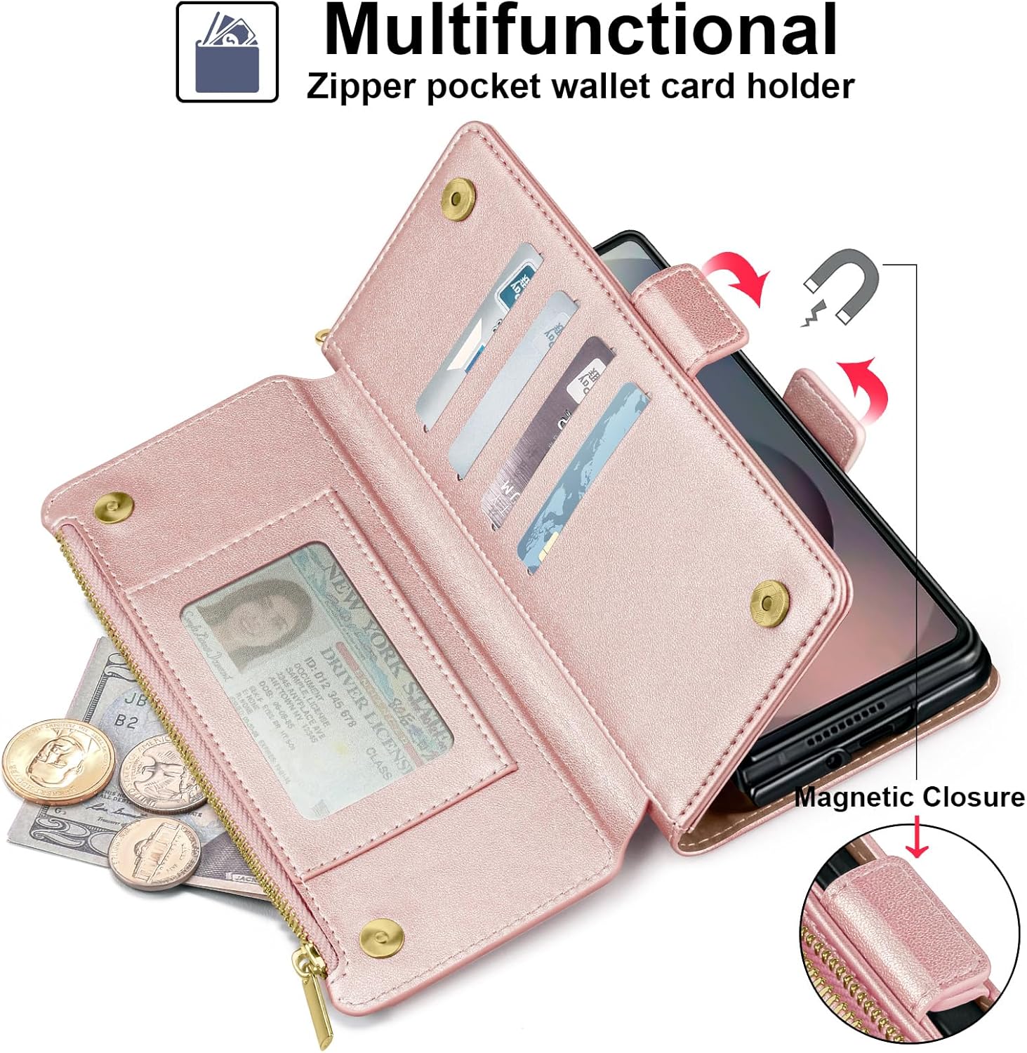 Antsturdy Compatible with Samsung Galaxy Z Fold7 Case Wallet with Card Holder,Z Fold 7 5G Phone Case with Strap Shockproof PU Leather RFID Blocking Flip Cover Credit Card Slots Women Men,Rose Gold