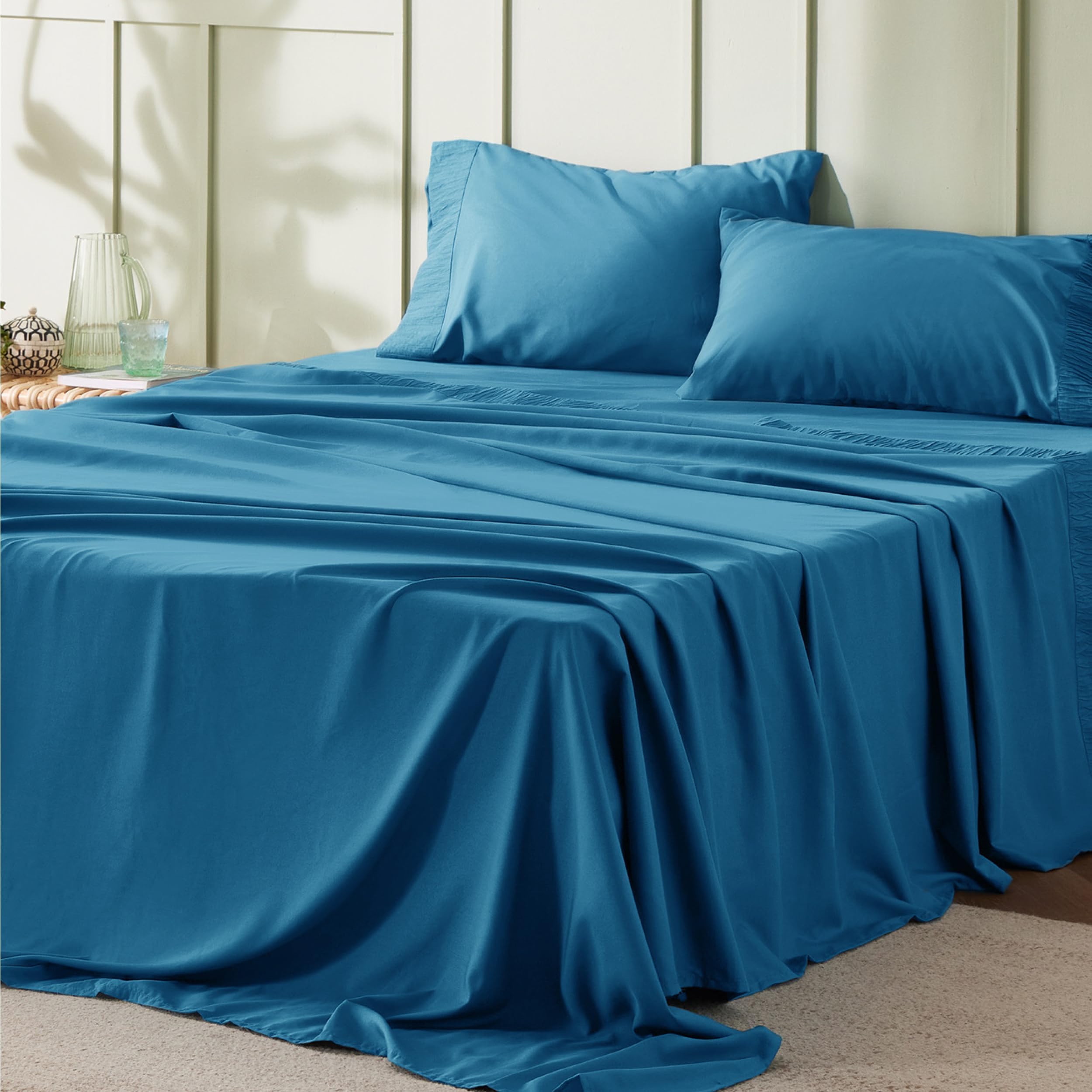Queen Sheet Set - Soft 1800 Sheets for Queen Size Bed, 4 Pieces Hotel Luxury Teal Sheets Queen, Easy Care Polyester Microfiber Cooling Bed Sheet Set