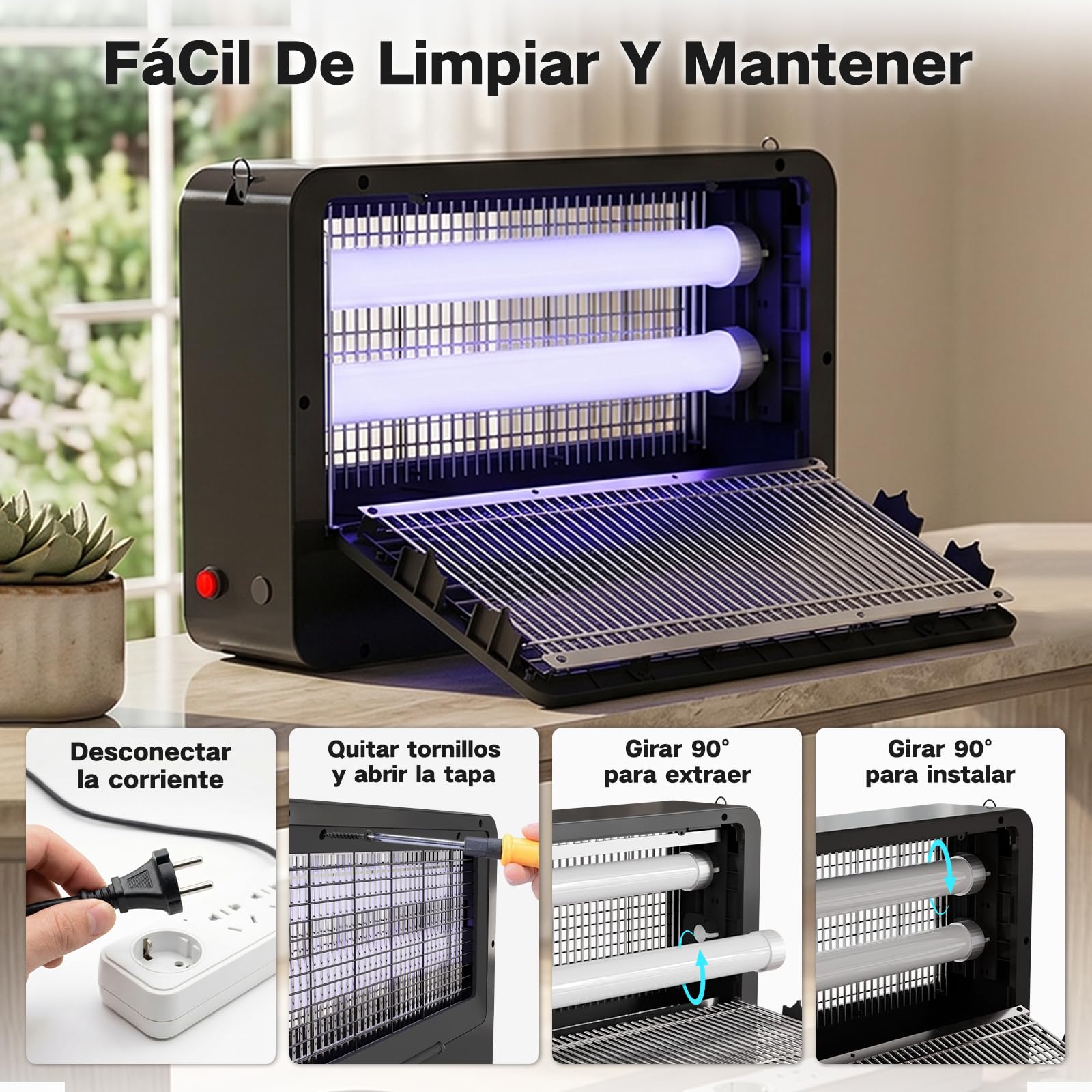 YFFU Lampara Antimosquitos, Mata Mosquitos Eléctrico con 2 Tubos UV Recambiables, Antimosquitos Eléctrico de Doble Cara 4000V, Lámpara Antimosquitos Exterior Diseño Desmontable con Soporte De Colgado