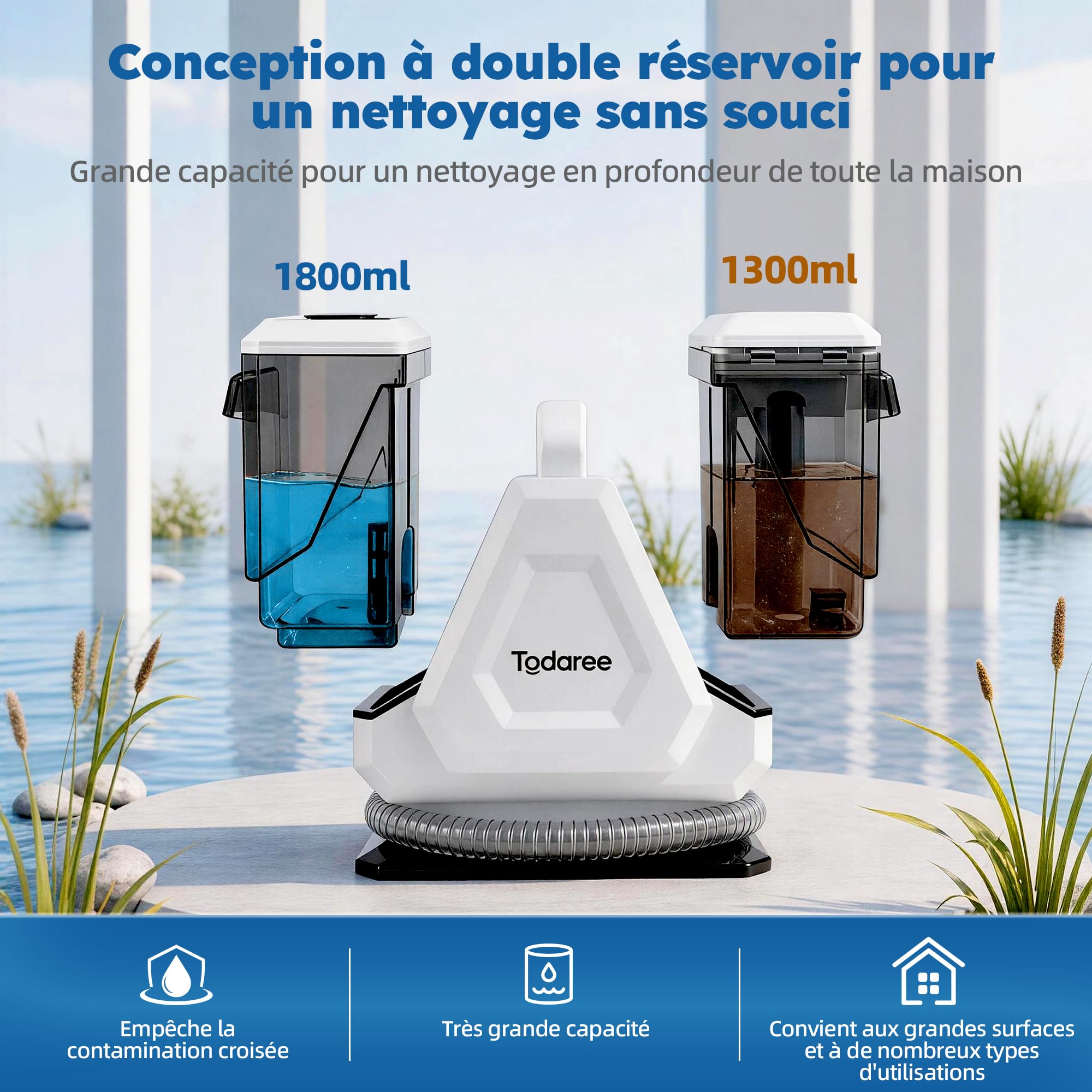 Nettoyeur Canapé et Moquette, Shampouineuse Tapis 14 kPa, Aspiration Puissante Eau Froide, Double Réservoir Auto-Nettoyant pour Siège Auto Matelas