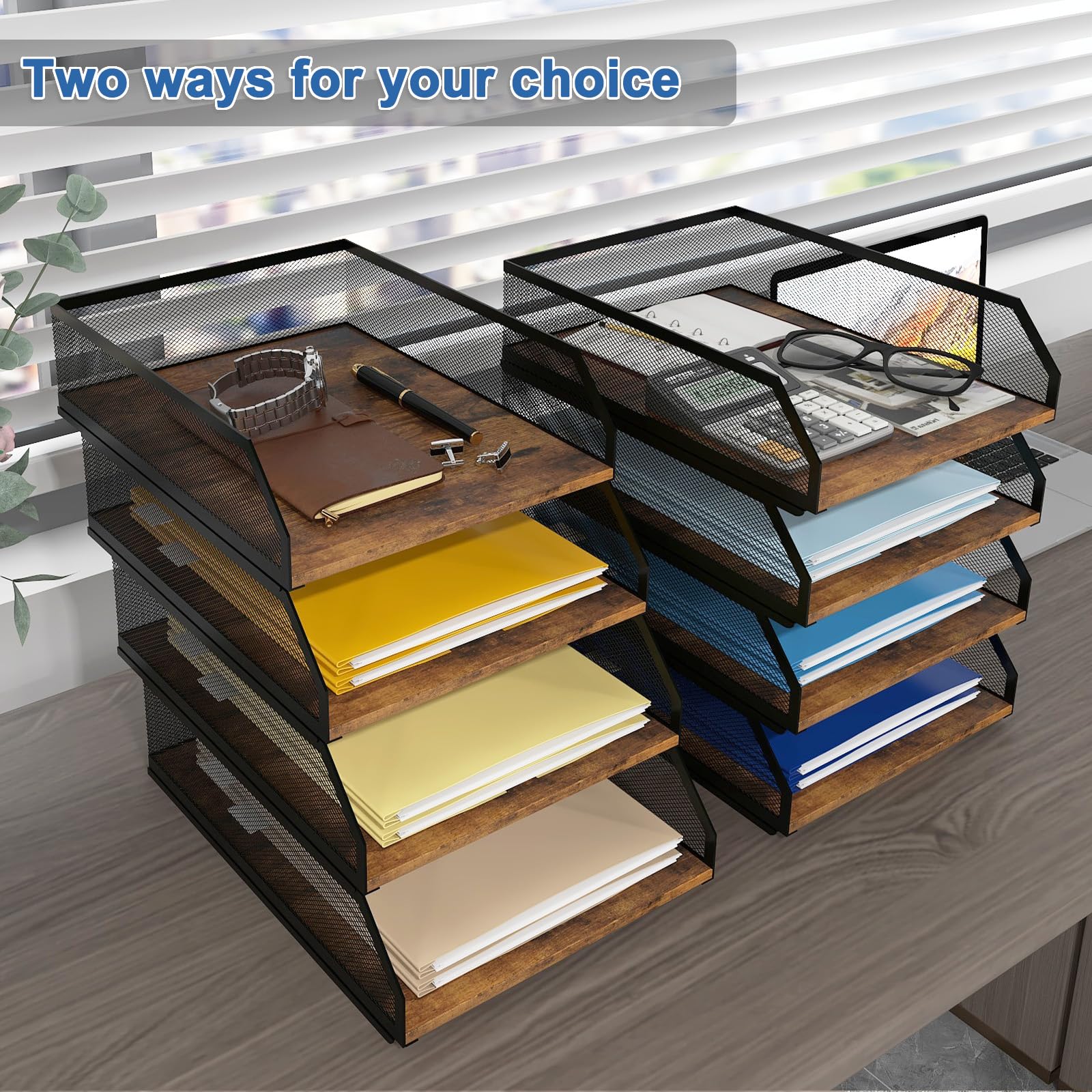 PUNCIA Stapelbare Papierablage mit 4 Ebenen, Metallgitter, Schreibtisch-Organizer | Papiersortierer aus Holzbrett, Briefablage, Aktenregal für Zuhause, Büro, Schule (Retro)