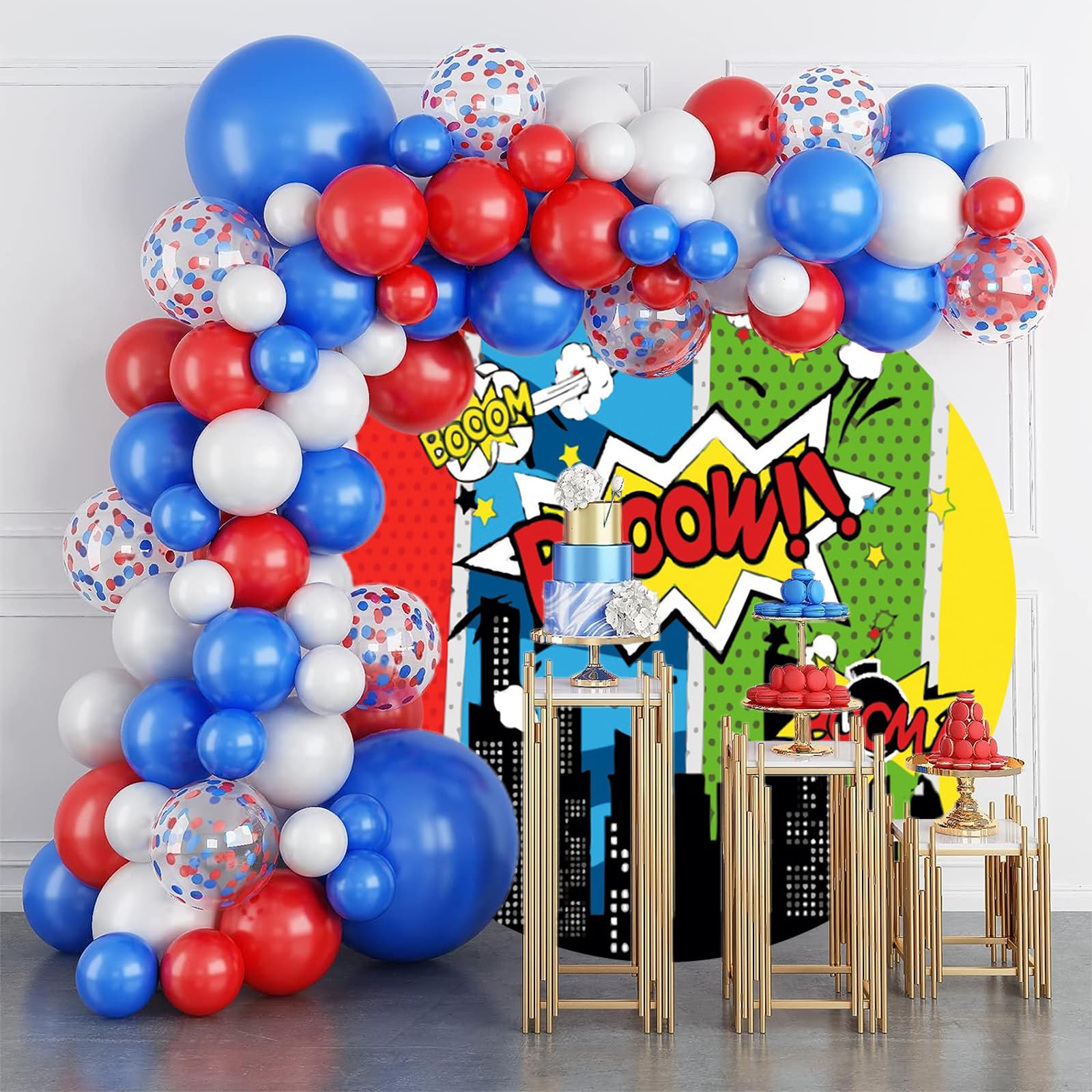 Tintinnante Supereroe Città Sfondo 200cm Fumetto Architettura Notte Rotondo Copertina Cartone Animato Super Boom Fotografia per Neonati Bambini Compleanno Banner