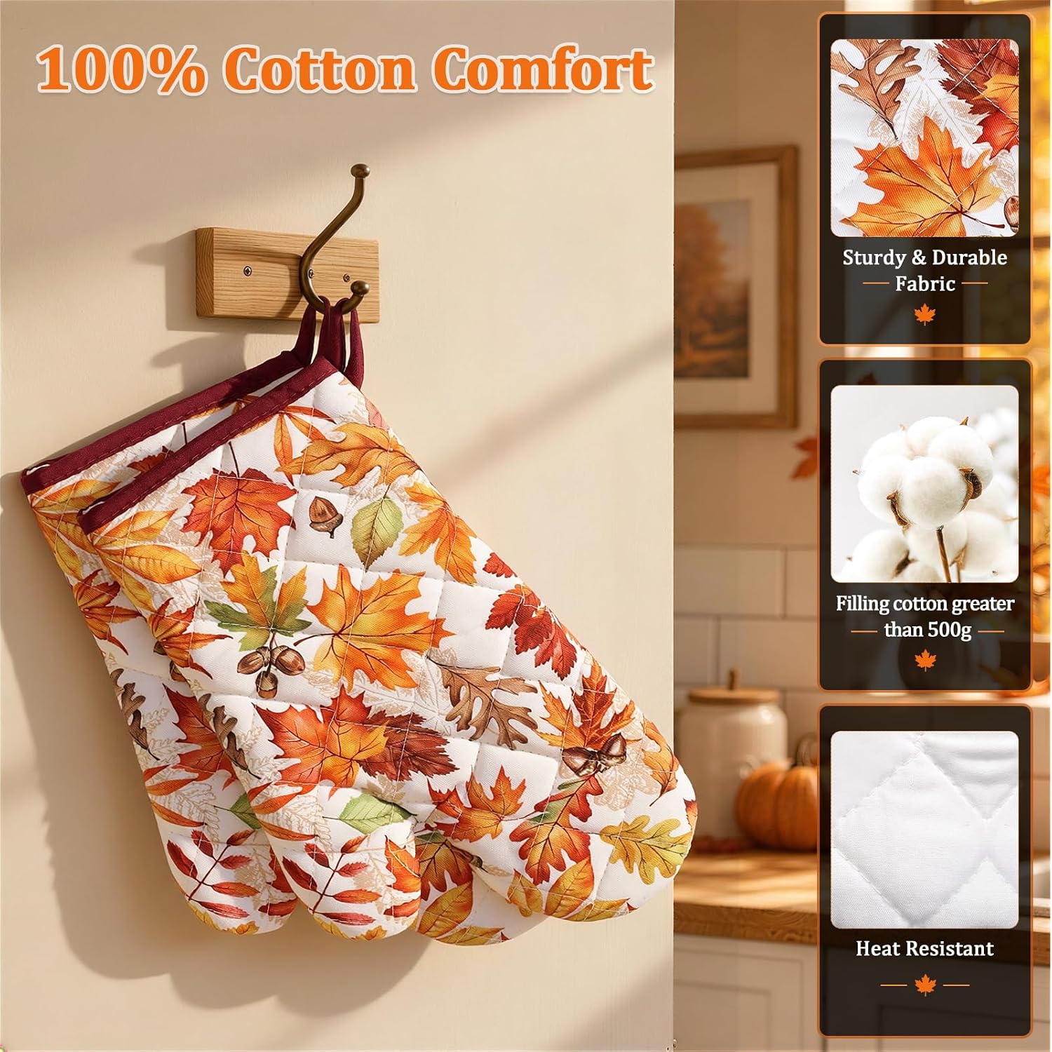 Fall Maple Leaf Oven Mitts and Pot Holders Sets, 100% Cotton, 4pcs