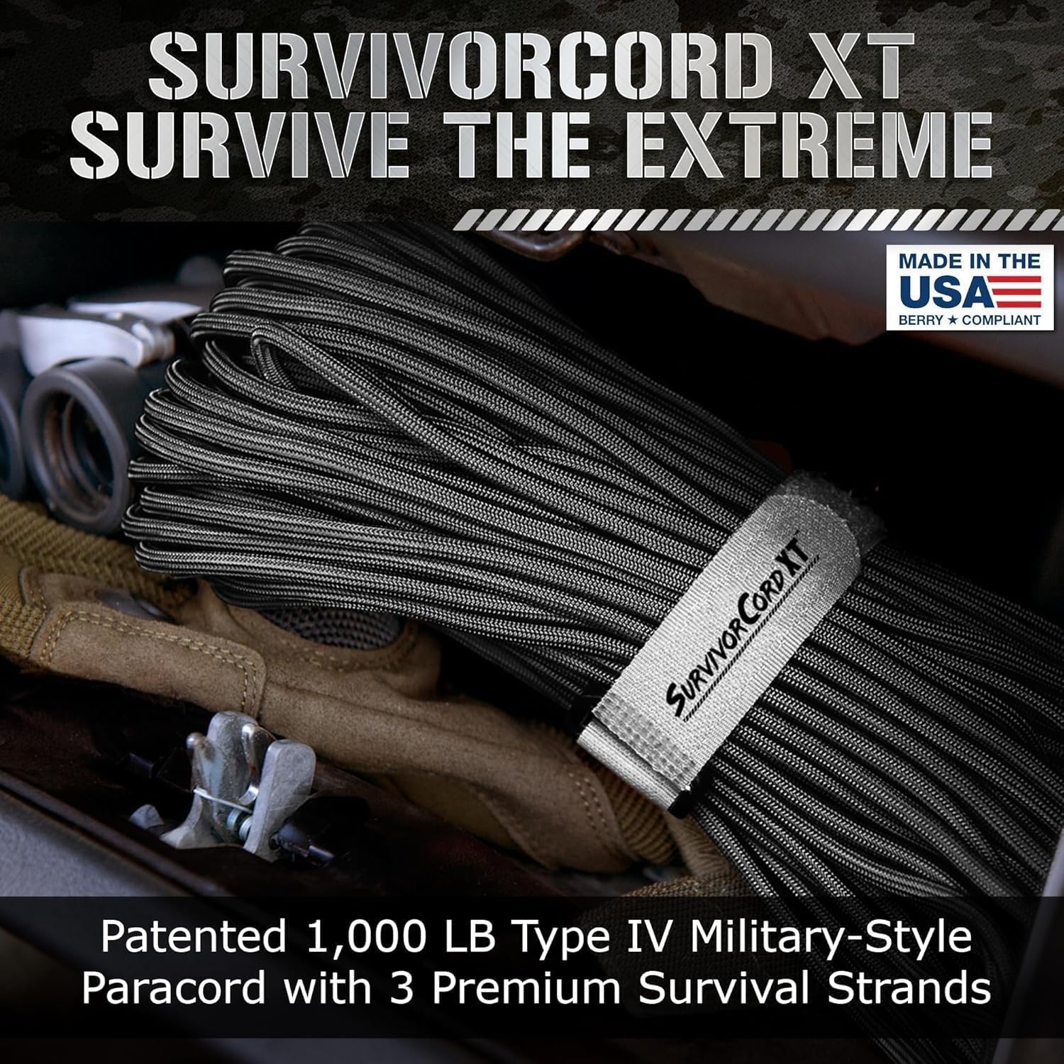 Titan Survival's Patented 1000 LB Survival Paracord – USA Made - Military Style 750 Cord with Firestarter, Fishing Line, and Kevlar Strands - Heavy Duty Camping Cordage - Lengths & Color Options