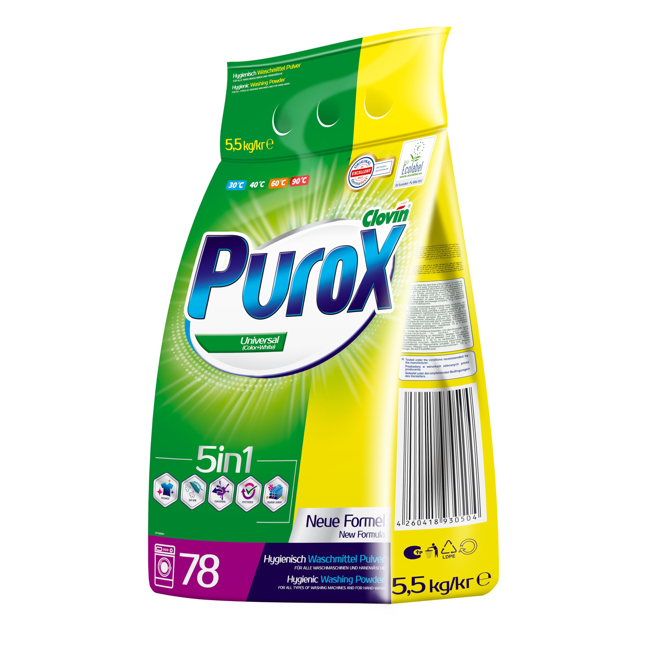 PUROX UNIVERSAL Waschpulver 78 Waschladungen 5,5 kg – Universelles Pulver für Alle Textilien, Entfernt Flecken, Umweltfreundlich, Effizient, Schützt vor Kalk, Hand- & Maschinenwäsche