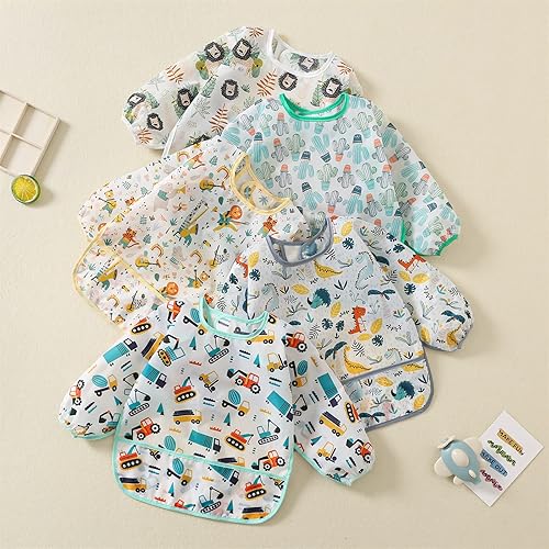 Miniatura 2 de Paquete de 5 baberos de manga larga, baberos impermeables para bebés de 6 a 30 meses, reutilizables, con bolsillo para todo