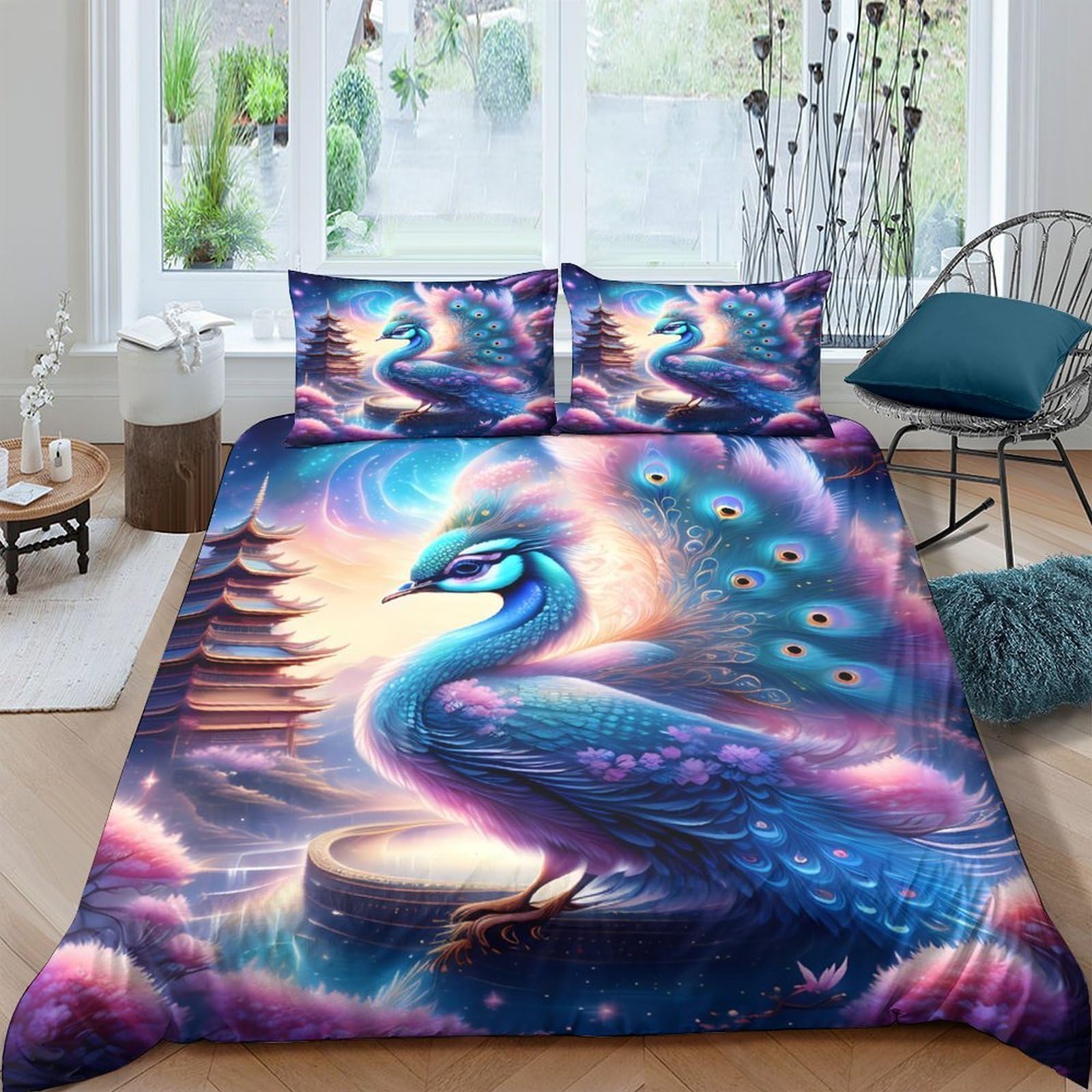 Ctjqhvkz Style-6 3D Printed Fantasy Peacock Fitted Sheet Microfiber Soft Breathable Dreamy Blue Bed Cover For Bedroom Guest Room Mattress Decor Single（135X200cm）