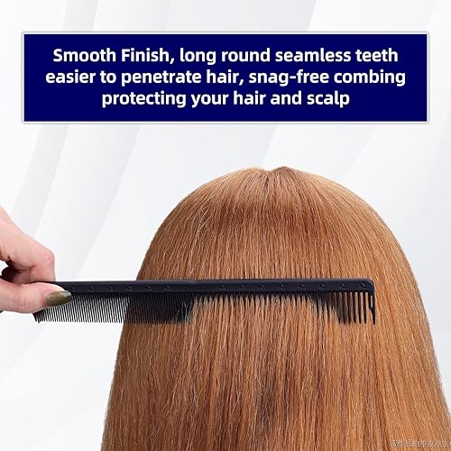 Miniatura 6 de PERFEHAIR Paquete de 2 peines profesionales de corte de pelo de dientes redondos, 7.4 pulgadas, fibra de carbono negra, antiestático y resistente al