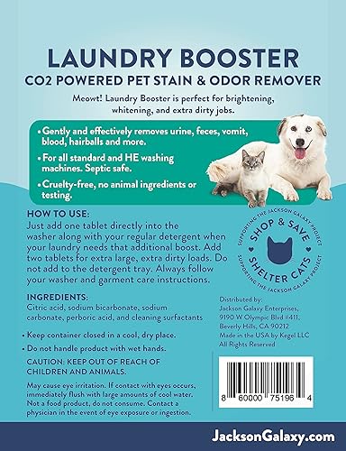 Miniatura 3 de Jackson Galaxy Meowt - Potenciador de ropa Removedor de manchas y olores de mascotas con CO2 8 tabletas de lavadora Orina de mascotas, vómitos,