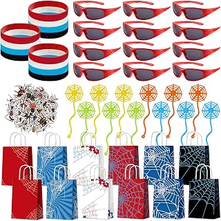 98pcs Spider Party Favors Spider Themed Paper Gift Bags Spiders Web Toys Sunglasses Slap Bracelet Sticker Blue and Red Hero Party Supplies for Boys Girls Birthday Decorations Classroom Prizes