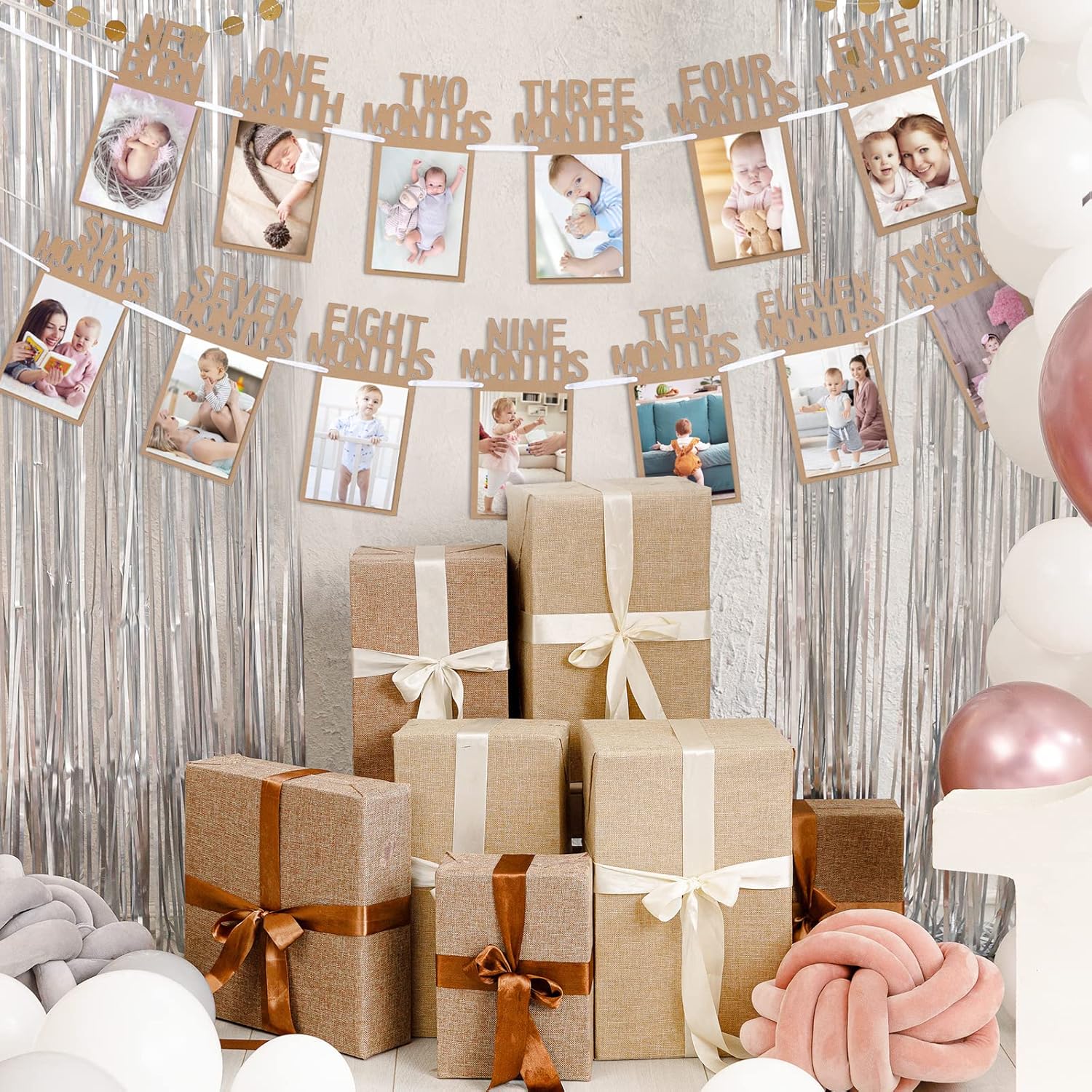 Whaline 1st Birthday Baby Photo Banner for Newborn to 12 Months, Monthly Milestone Photograph Bunting Garland, First Birthday Celebration Decoration (Kraft)