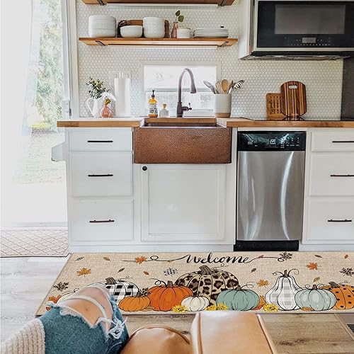 Miniatura 225 de Alfombras y tapetes de cocina Hello Fall, 2 unidades, color azul, naranja, calabaza, hoja de arce, pájaros, alfombras antideslizantes con pasillo