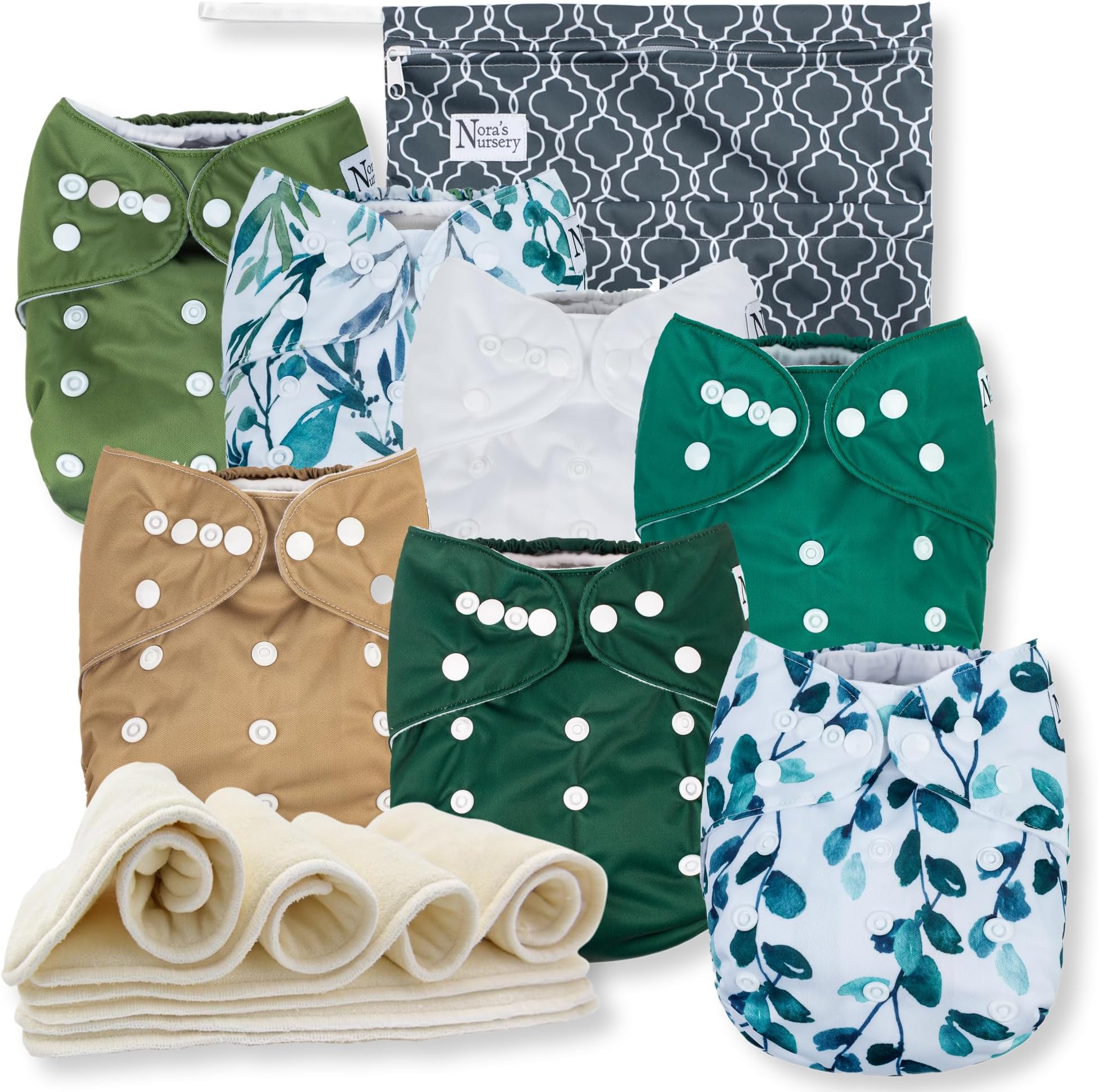 Sage and Sea Baby Cloth Pocket Diapers 7 Pack, 7 Bamboo Inserts, 1 Wet Bag by Nora's Nursery