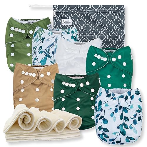 Nora's Nursery - Pañales unisex de tela para bebé, salvia y mar, paquete de 7, 7 inserciones de bambú, 1 bolsa húmeda