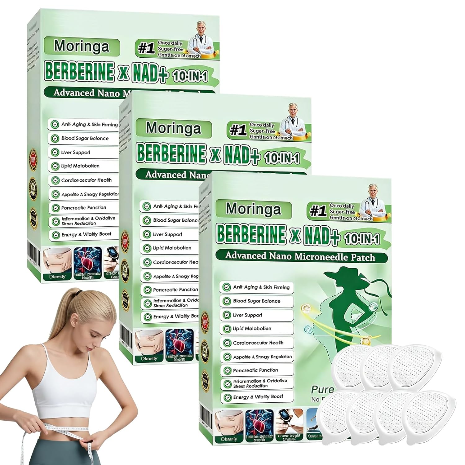 4 Boxes Moringa Berberine Patches,2026 New Upgraded 10-in-1 Microdarts Nano Patch,Suitable for All Skin Types moringa patches,Natural Herbal Body Patch (4boxes)