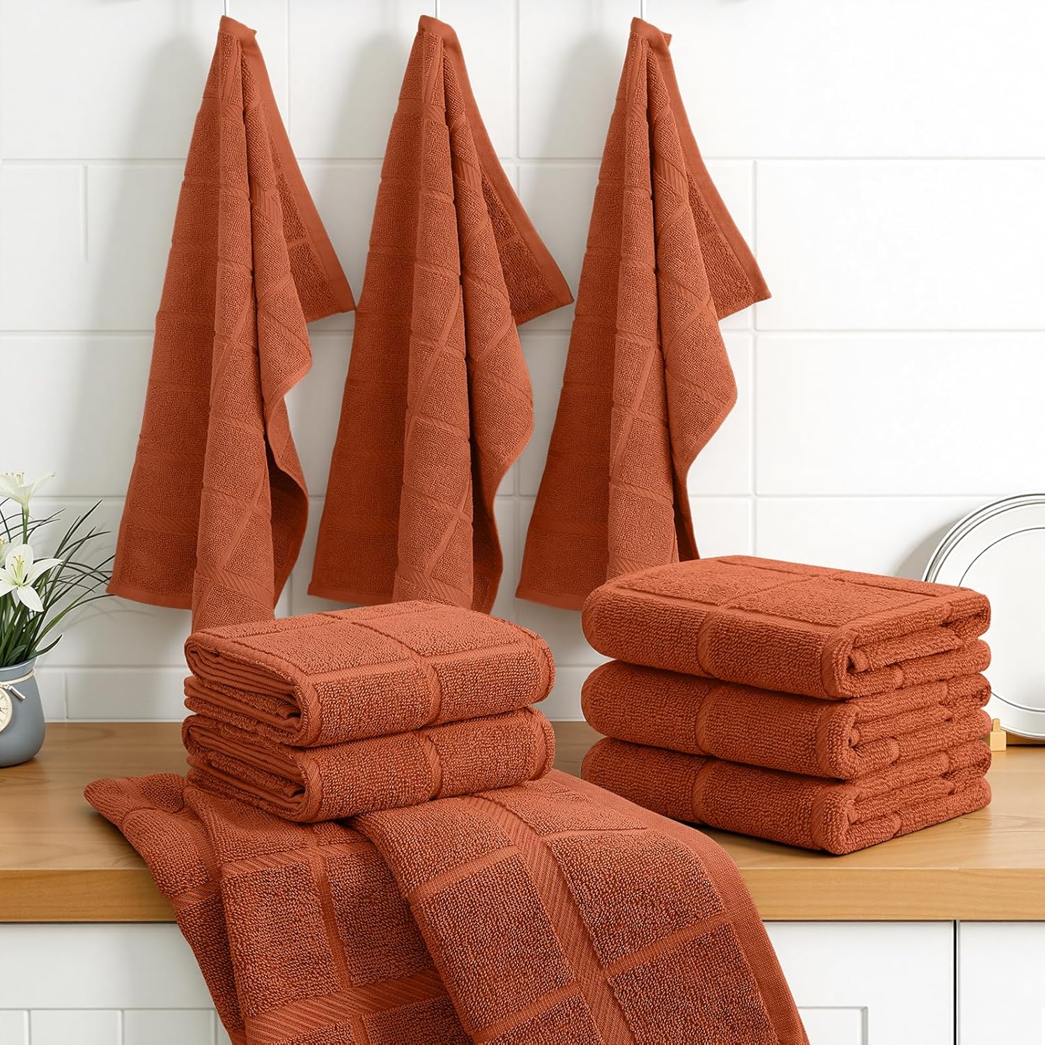 Homaxy Premium Kitchen Towels 18"x28", 6 Pack Large Cotton 380 GSM Dish Towels, Soft and Absorbent Kitchen Hand Towels with Terry Grid Design, Utility Tea Towel Set with Hanging Loop, Rust