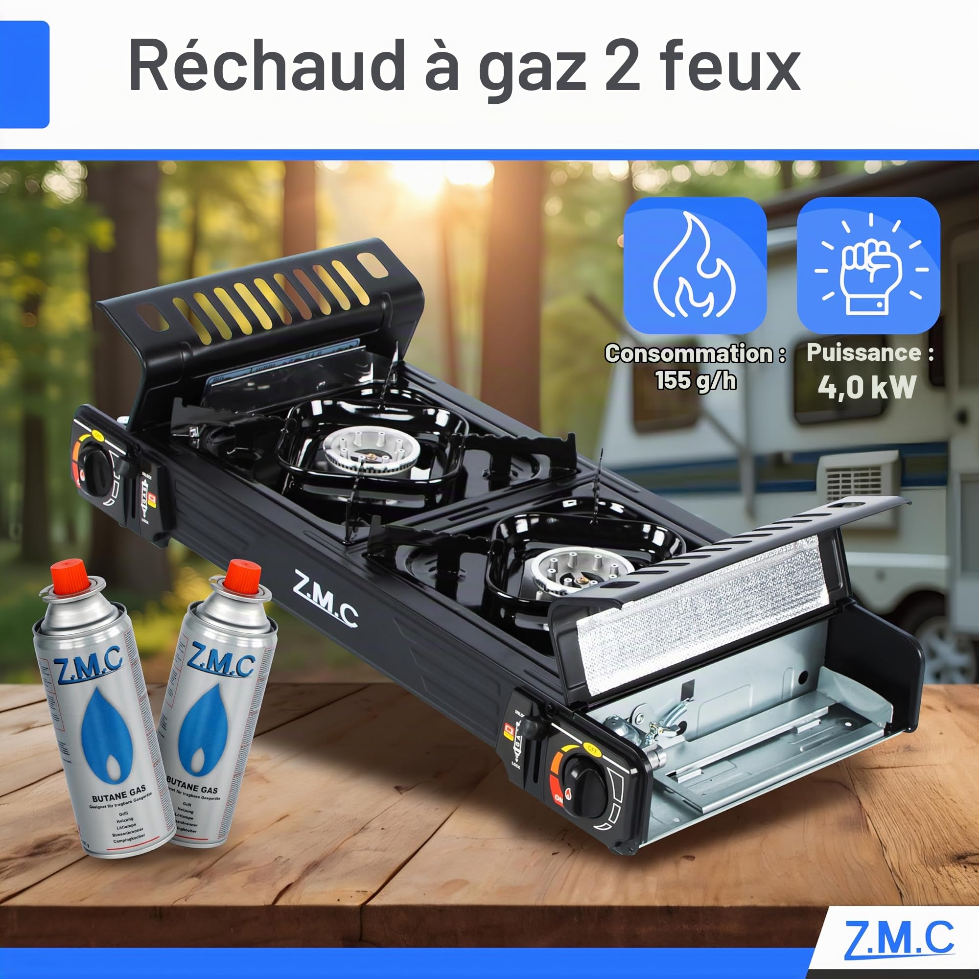 Z.M.C Réchaud à gaz de camping de qualité supérieure - 2 feux - Plaque de 45 x 24 cm - 8 cartouches de 227 g - Allumage sûr pour l'extérieur