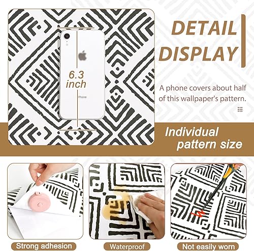 Miniatura 5 de Papel tapiz de contacto geométrico bohemio para despegar y pegar en blanco y negro, moderno, autoadhesivo, extraíble, para cocina, baño,