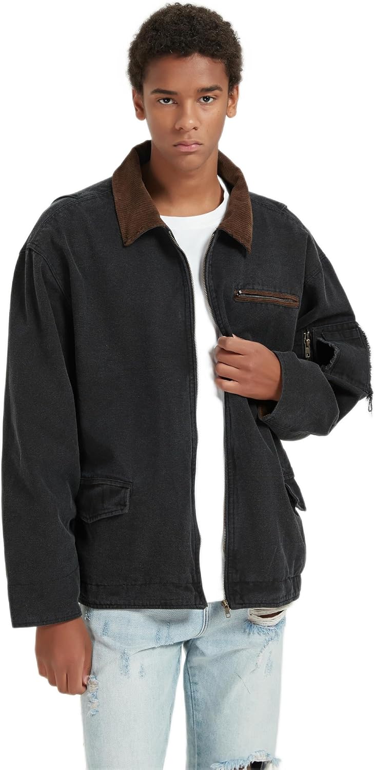 CLOAKA Bomber Jacket for Men Fall Spring Washed Streetwear Oversized Vintage Casual Stylish Cotton Lightweight with Zip Up