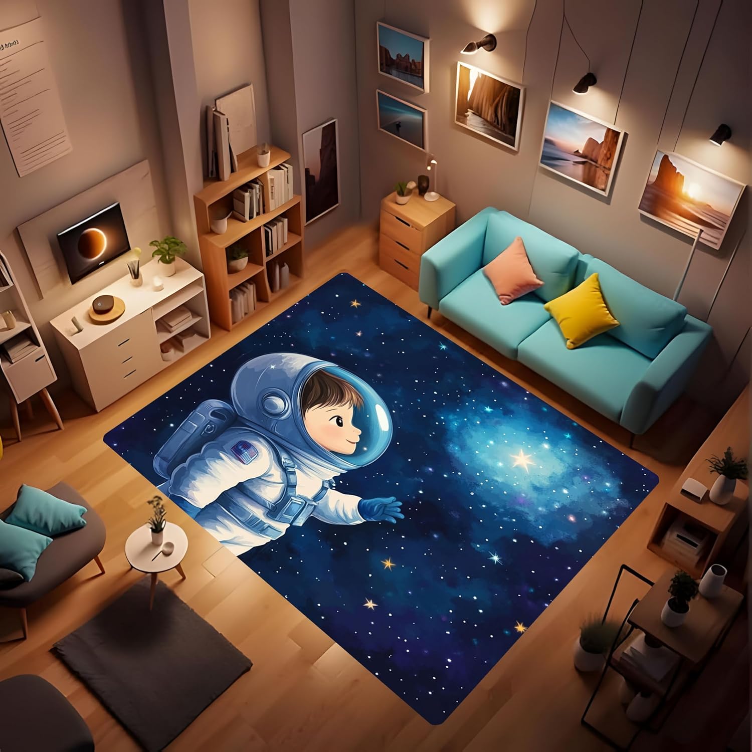 Space Astronaut Carpet - Cute Little Astronaut reaches Out to Touch The Stars Mysterious Starry Sky Carpet Soft Non-Slip boy Bedroom Rug, Washable Children's Area Rug Dark Blue 24x36inch