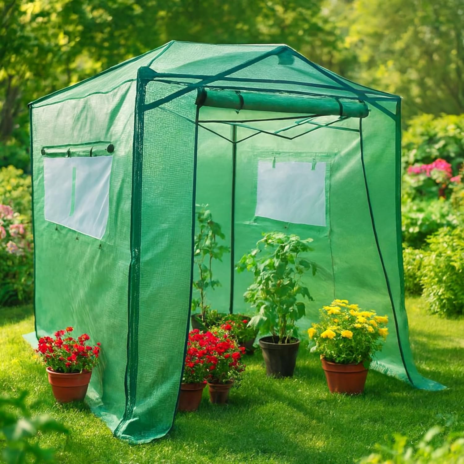 Garden Winds Reinforced Replacement Cover Compatible with The Eagle Peak 8x6 Portable Walk in Pop Up Greenhouse Zipper Entry Doors 2 Mesh Side Windows - PE Fabric - Green