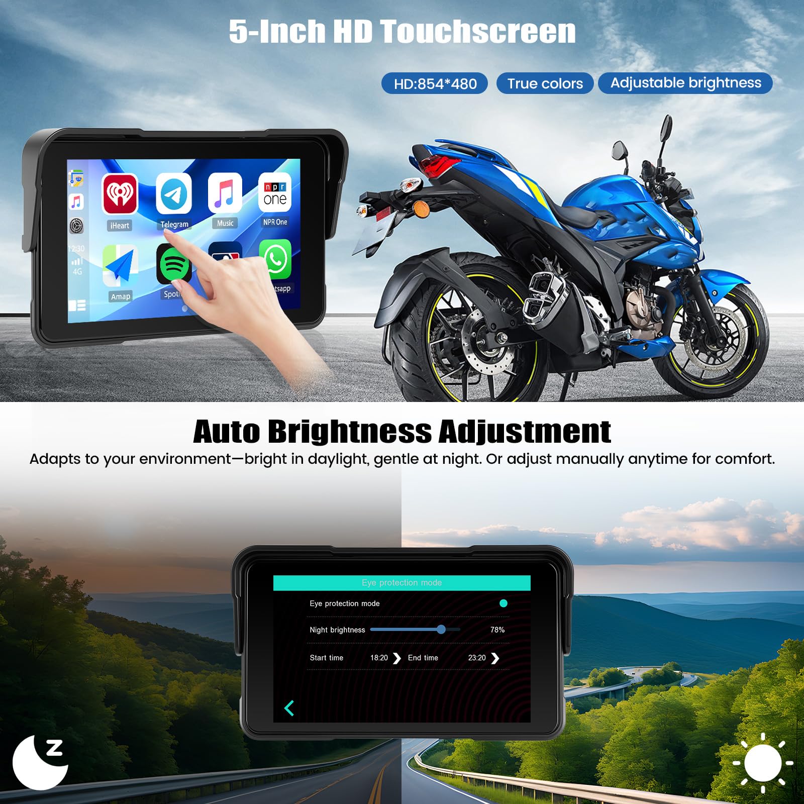 SIXWIN Motorrad Carplay Bildschirm für Moto mit Wireless Carplay Android Auto, 5 Zoll HD Touchscreen Tragbare Autoradio IP68 Wasserdicht Motorcycle GPS-Navigation Dual-Bluetooth Siri/GOO-gle