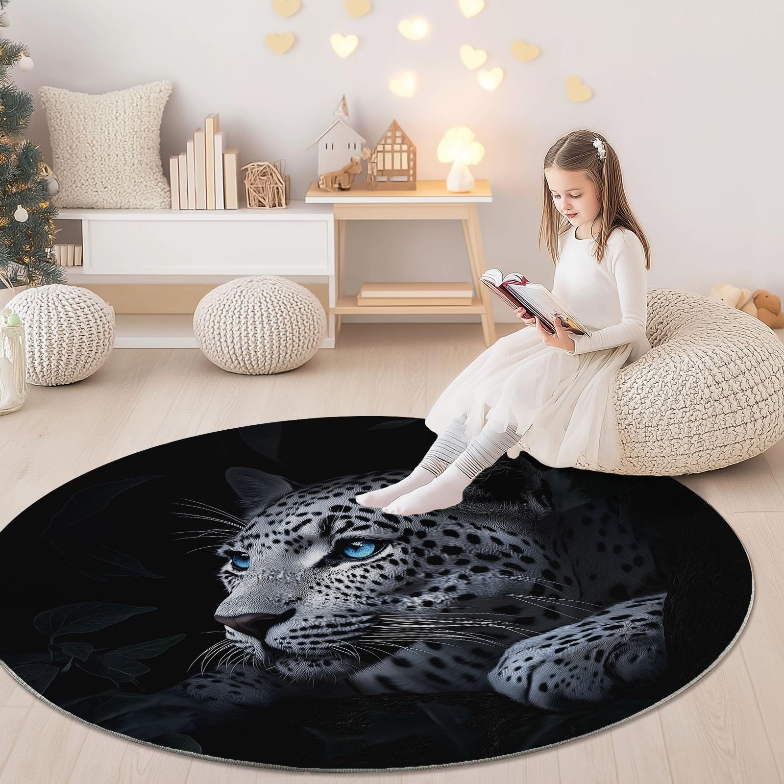 Tappeto rotondo da 210 cm, con stampa close-up leopardata, moderno, antiscivolo, in flanella per interni, lavabile, morbido, per cameretta dei bambini, stanza dei giochi, camera da letto, decorazione