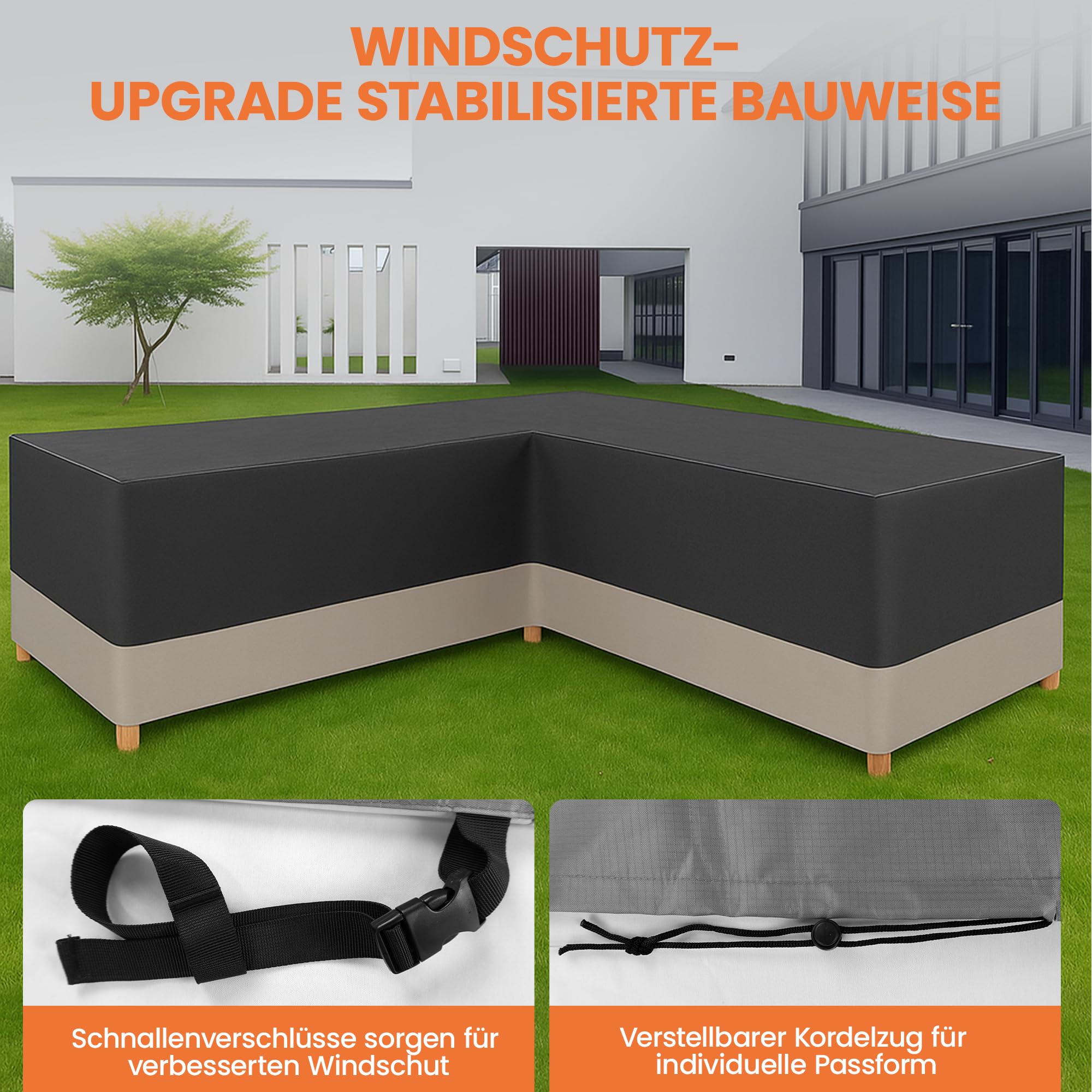 Gartenmöbel Abdeckung L-Form,Schutzhülle für Gartenmöbel,420D Oxford Gewebe Wasserdicht Winddicht Ecksofa Abdeckplane ,Möbbelsets Schutzhülle für Sofa, Loungemöbel 255x255x70CM