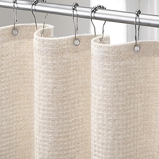 Linen Shower Curtain Waffle Weave Beige Shower Curtain for Bathroom, 72W...