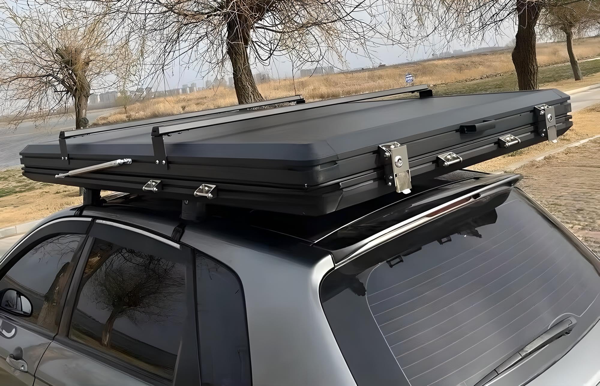 Tente de toit de voiture - Noir et gris - Boîtier rigide en aluminium - Tente de camping - Triangle
