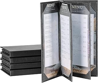 6 View 5 Pack Menu Holder Menu Covers 4.25" x 11" | 5 Pack Black Leather Menu Sleeves Book Style for Restaurant Coffee Bars Wine List