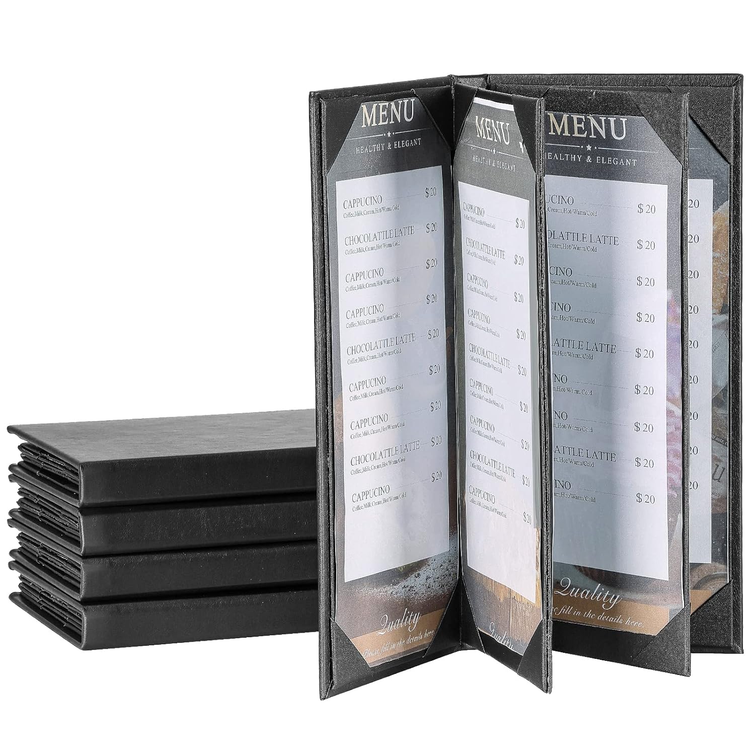 6 View 5 Pack Menu Holder Menu Covers 4.25" x 11" | 5 Pack Black Leather Menu Sleeves Book Style for Restaurant Coffee Bars Wine List