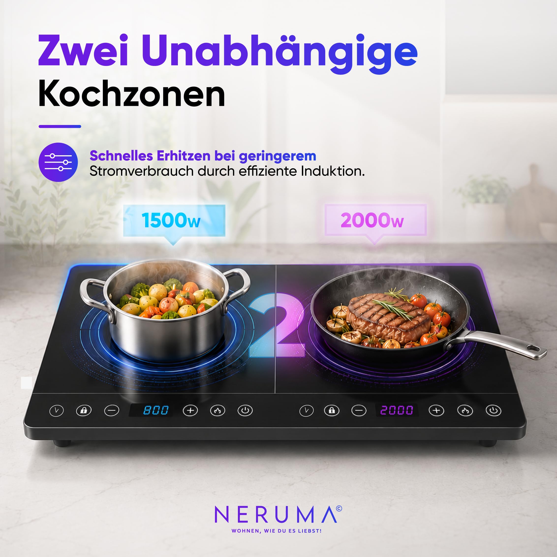 Induktionskochfeld 2 Platten 3500W – Doppel Induktionskochplatte Tragbar mit Touch Display, 8 Kochprogrammen & Kindersicherung, Mobile Kochplatte für Camping & Küche