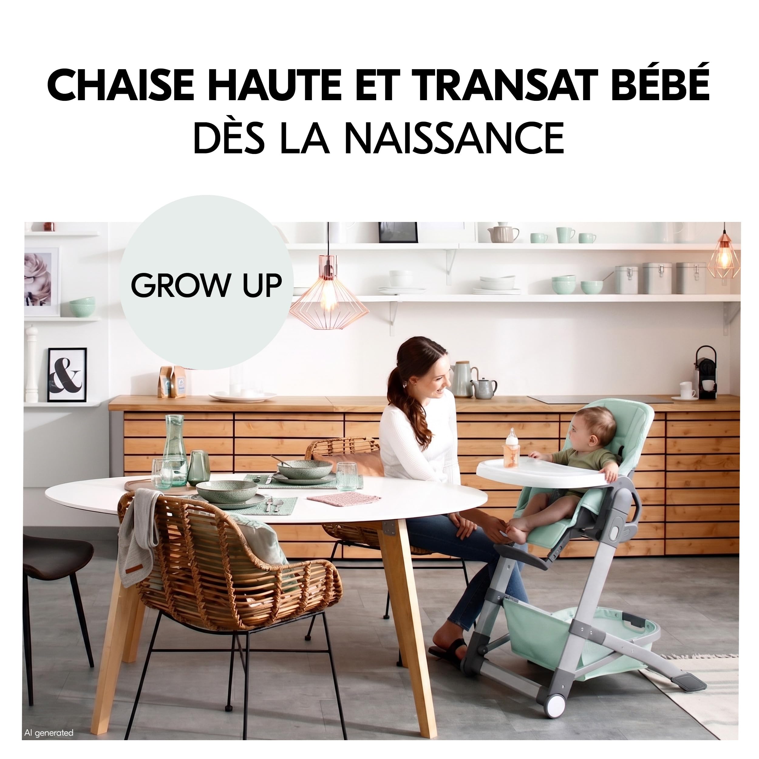 hauck Chaise Haute Bébé Evolutive Grow Up – Menthe | Chaise haute pliable avec dossier réglable dès la naissance I Hauteur ajustable, avec tablette et roulettes