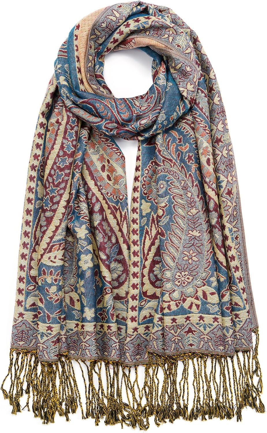Paisley Pashmina Shawl Wrap Women Reversible Vintage Jacquard Pashmina Rave Scarf with Fringe for Evening, Wedding