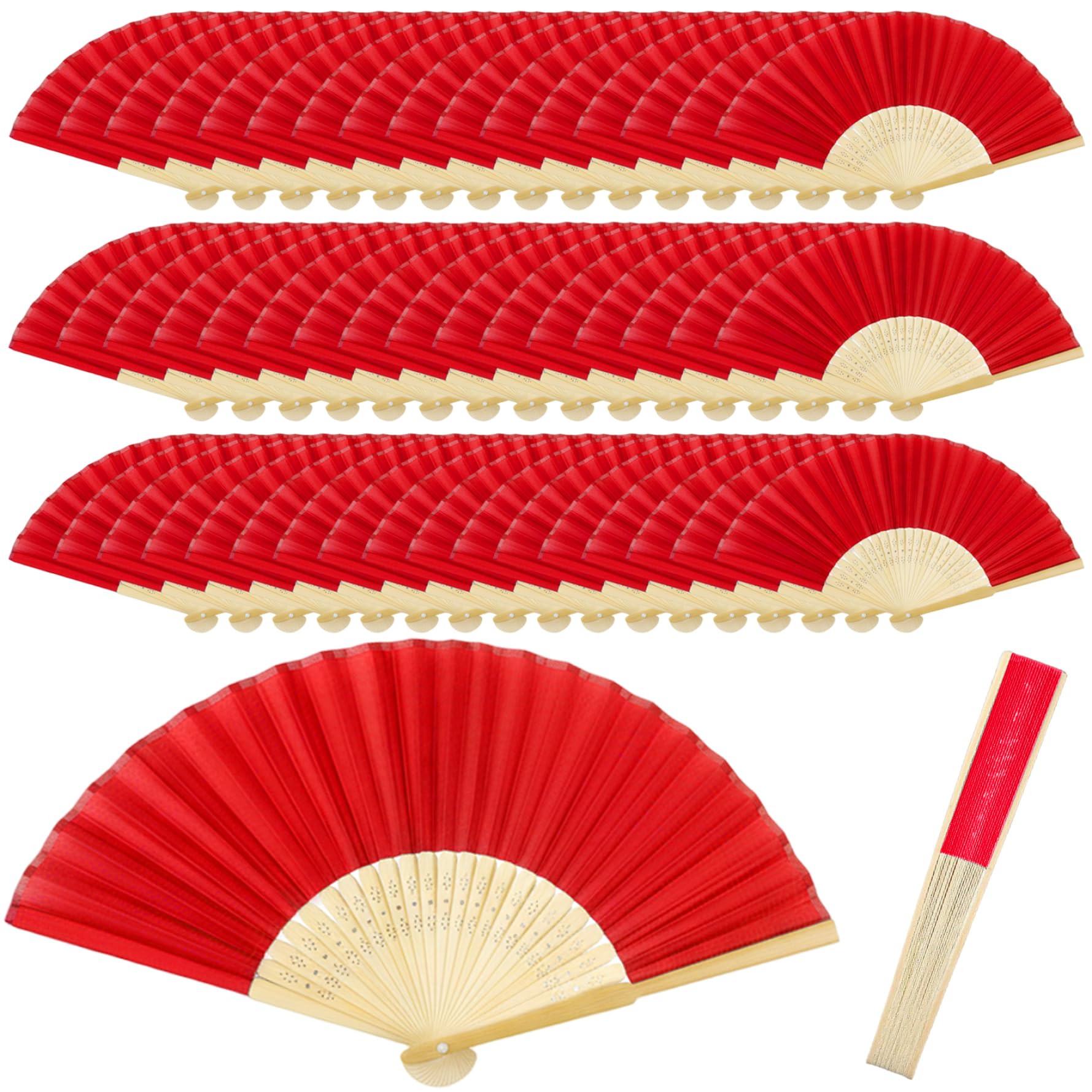 50PCS Red Folding Hand Fans Wedding Fans for Guests, Bamboo Chinese Fan 8.3 Inch Folded, Traditional Hand Held Fan Decorations