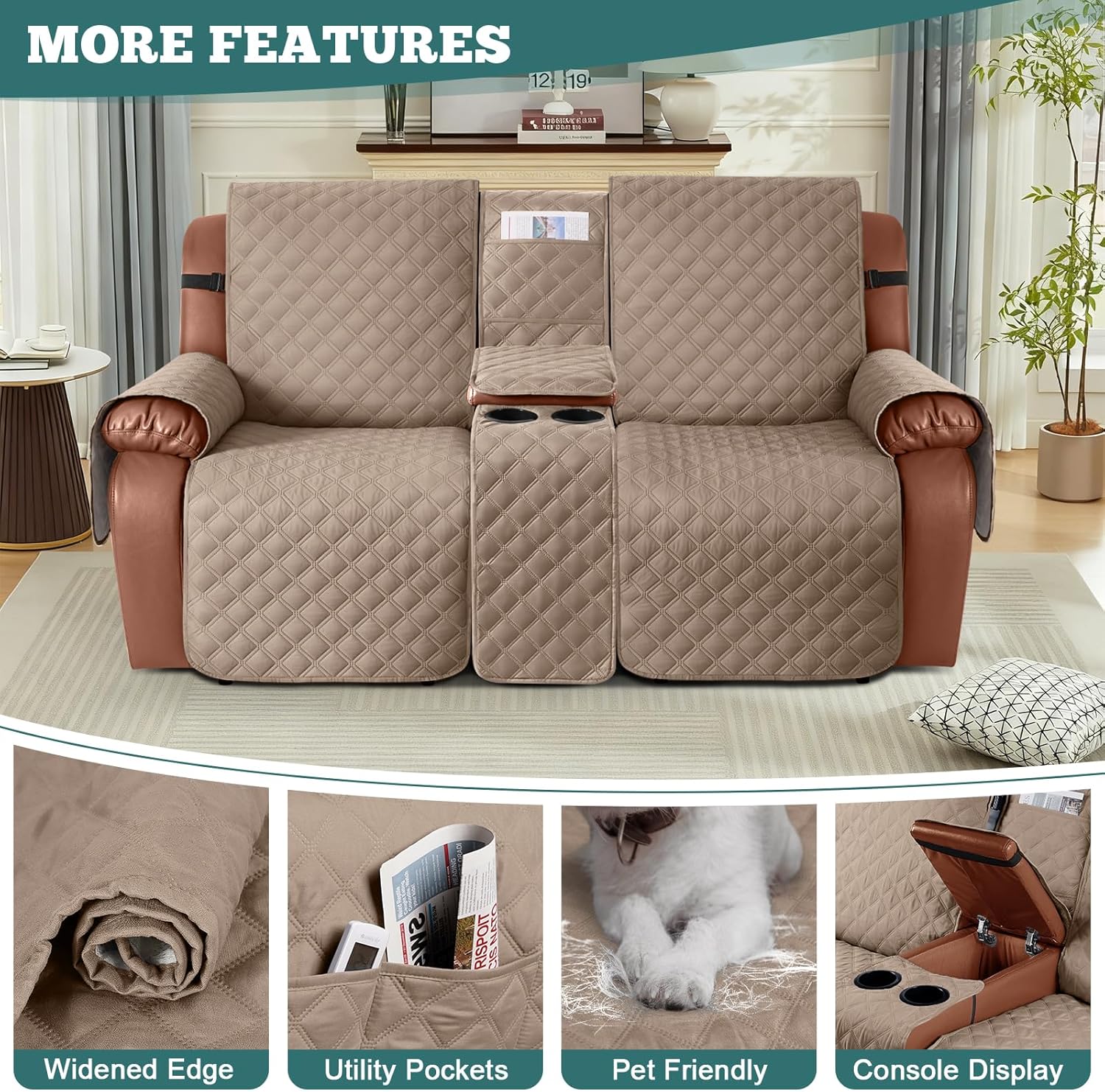 Ruaozz Waterproof Loveseat Recliner Cover with Console Non-Slip Reclining Couch Covers Split Sofa Slipcovers with Elastic Straps Furniture Protector for Kids, Dogs, Pets (Light Brown, 2 Seater)
