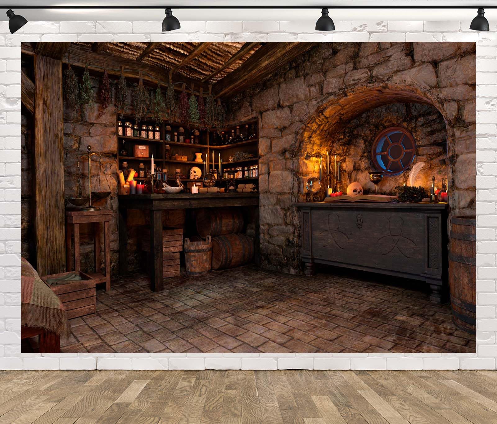 Loccor 10x6.5ft Fabric Halloween Witch Cottage Backdrop Spooky Magic Kitchen Potion Skull Photography Backdrop Medieval Fairy Tale Cottage Backdrops