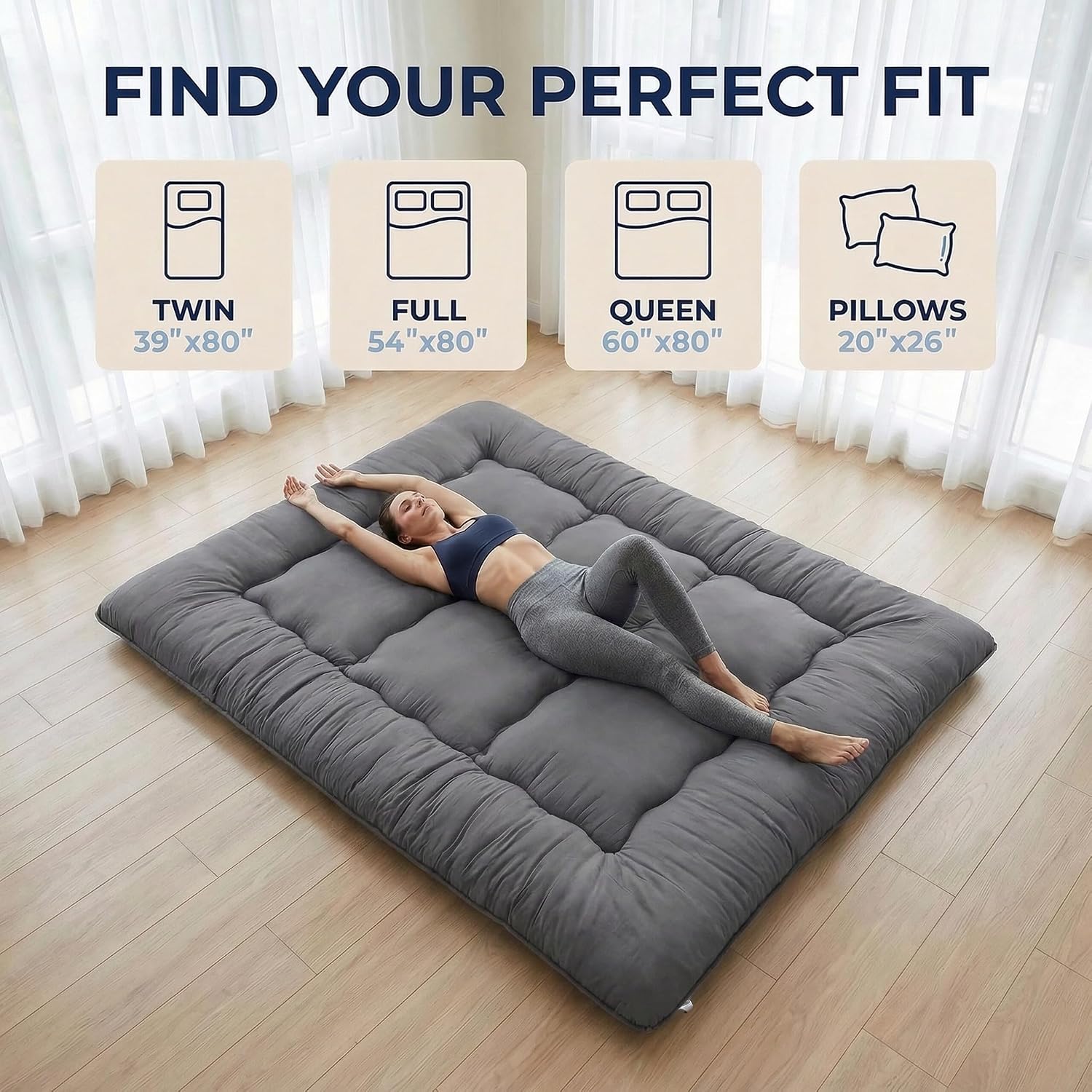 Japanese Floor Mattress Futon Mattress, 3.5 Inch Thick Foldable Roll Up Tatami Mat with 2 Pillow Covers, Twin Size Floor Bed for Guest Room Dorm Camping Kids, Grey