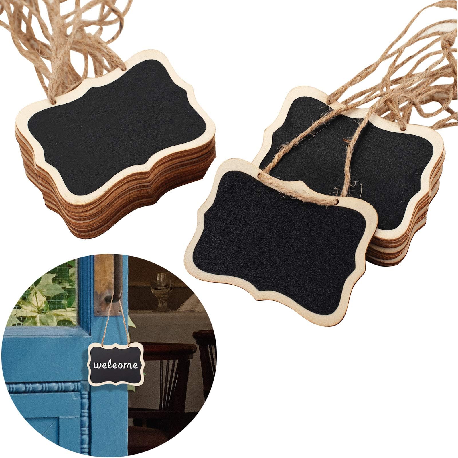 20 Pack Mini Chalkboards Tags Erasable Blackboard Tags, Double Sided Blackboard with Hanging String Wooden Chalkboard Board Signs for Price Tags, Message Tags