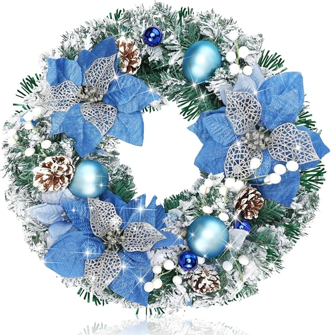 Knitgrip Pre-lit Christmas Wreaths for Front Door 13.7 Inches Christmas Blue Flowers Wreath Decorations with Blue Ball Pine Cones Ornaments 20 LED Lighted Hoop for Xmas Outdoor Wall Window