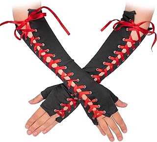 Skeleteen Fingerless Lace Up Gloves - Long Black Costume Elbow Arm Warmer Accessories with Red Satin Laced Tie for Dress Up