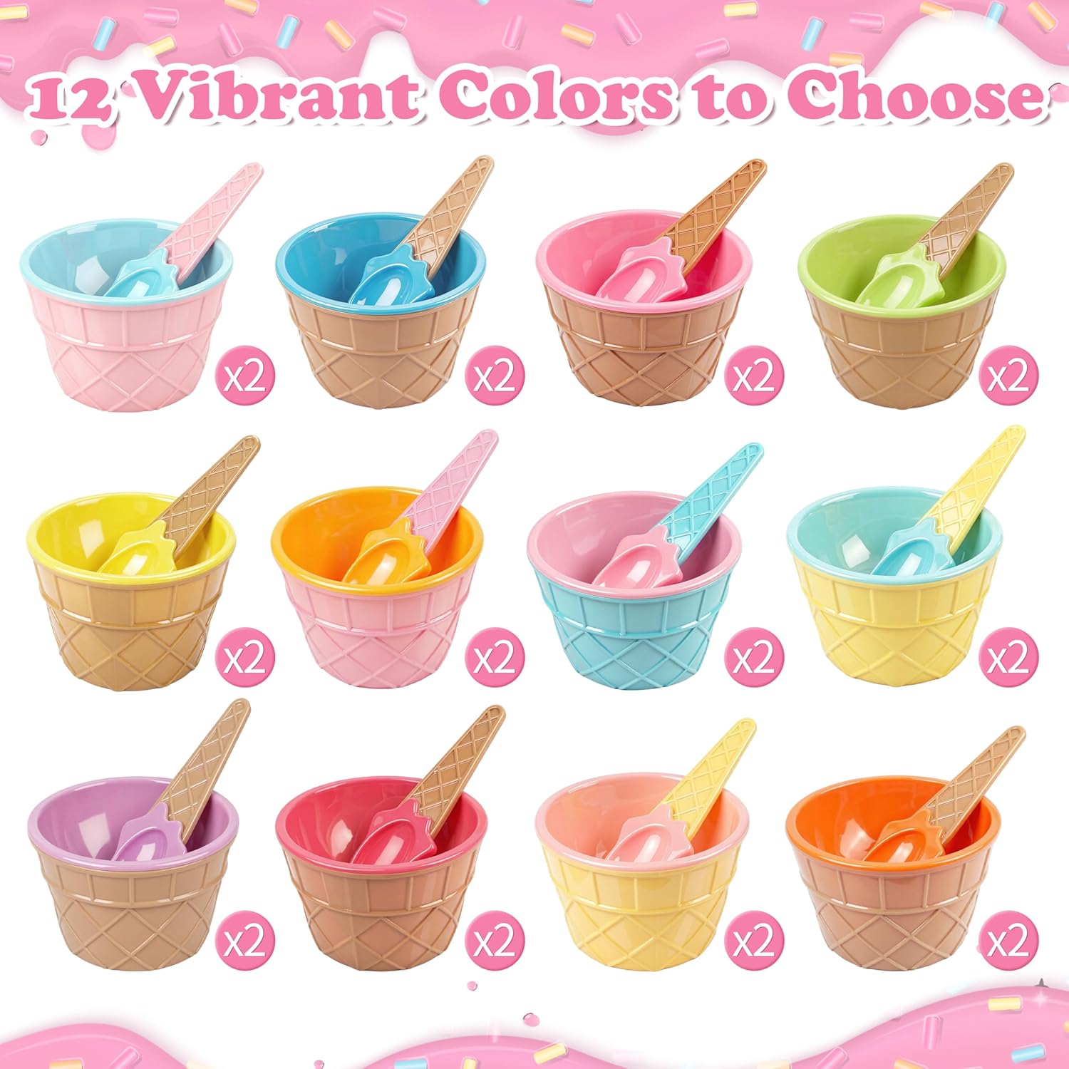 Fayoo 24 Pack End of Year Student Gifts-Ice Cream Bowls and Spoons Set Ice Cream Party Favors with Cards Raffia Ribbon Plastic Bag Sticker for End of School Summer Graduation Gifts Classroom Reward