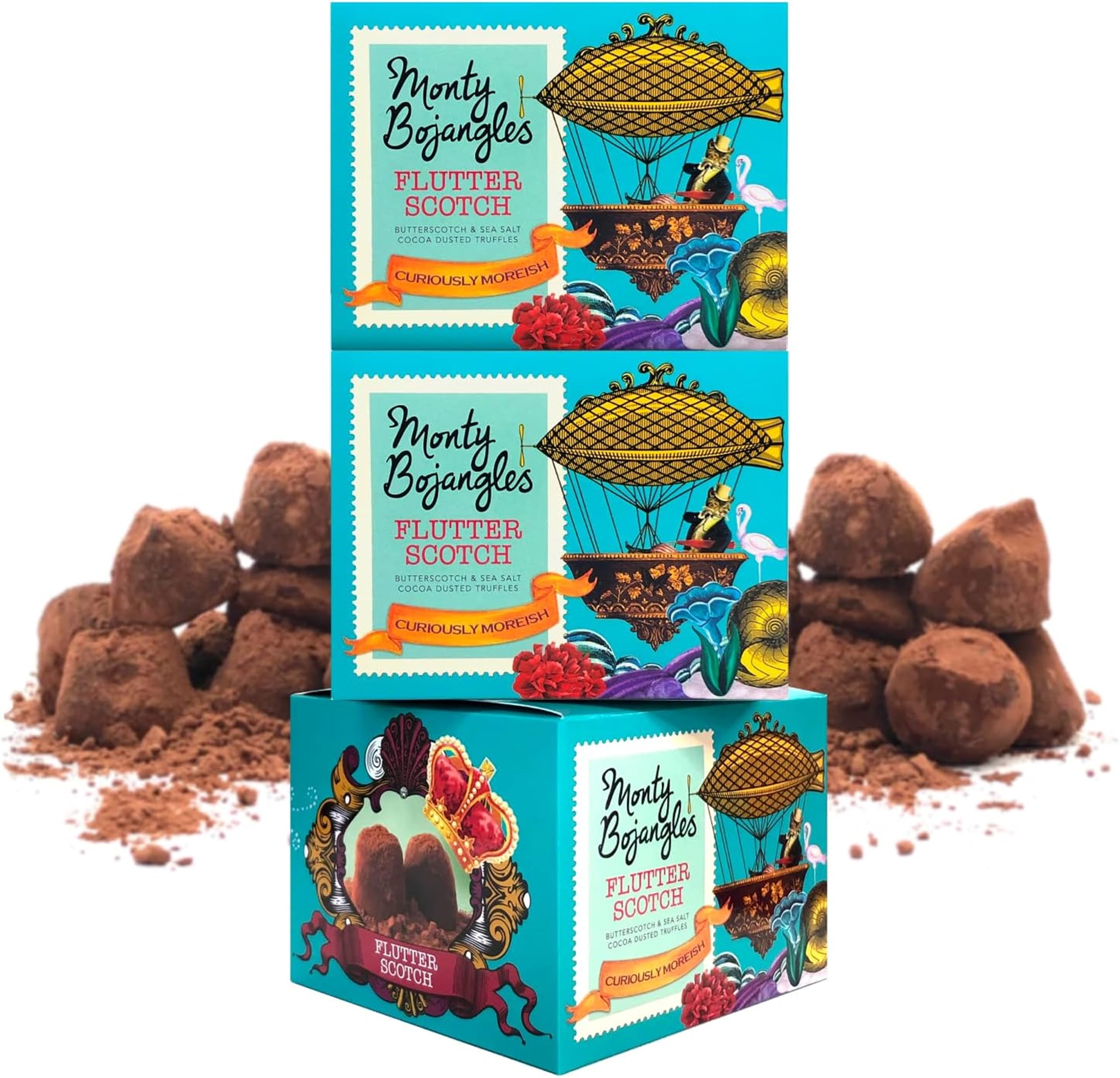 Monty Bojangles Flutter Scotch Cocoa Dusted Chocolate Truffles (3 x 100g Gift Box) – Butterscotch & Sea Salt Flavoured - Award Winning Luxury Truffles Set
