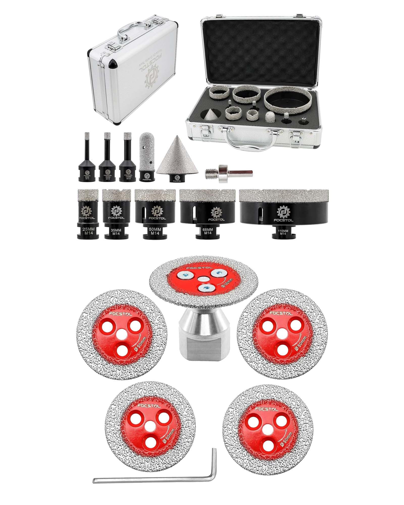 FOCSTOL Disco Diamante Corte 5 piezas 50mm Disco Cortar Azulejos y 1 pieza M14 Brida y Juego Brocas Diamante 11 piezas