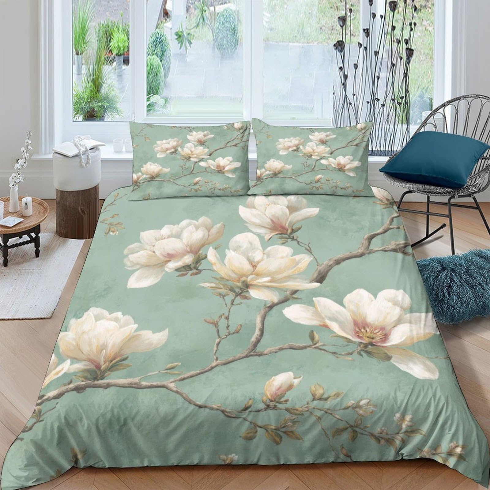 Ctjqhvkz Style-7 3D Printed Magnolia Blossom Fitted Sheet Microfiber Soft Green Botanical Bed Cover For Bedroom Guest Room Easy Care Single（135X200cm）